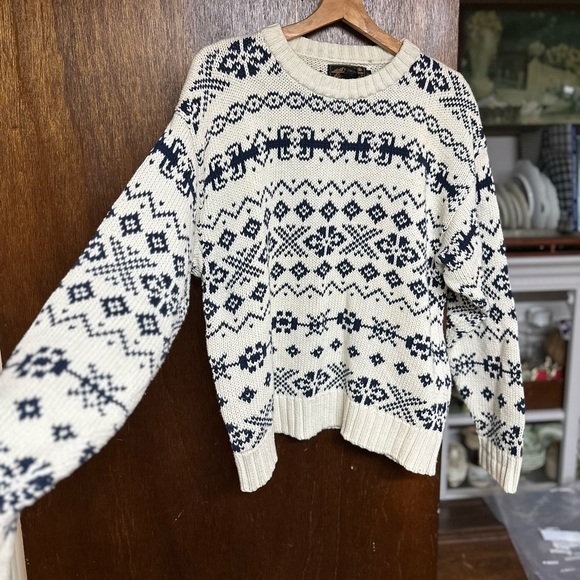 Eddie Bauer Men's Cream Navy Blue Tribal Cotton Sweater Nordic Fair Isle Med C10 - Picture 1 of 13